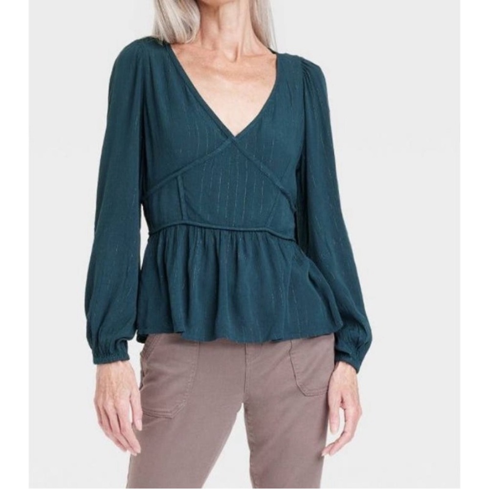Knox Rose Blouse Teal Blue Silver Metallic Stripe V Neck Size XL